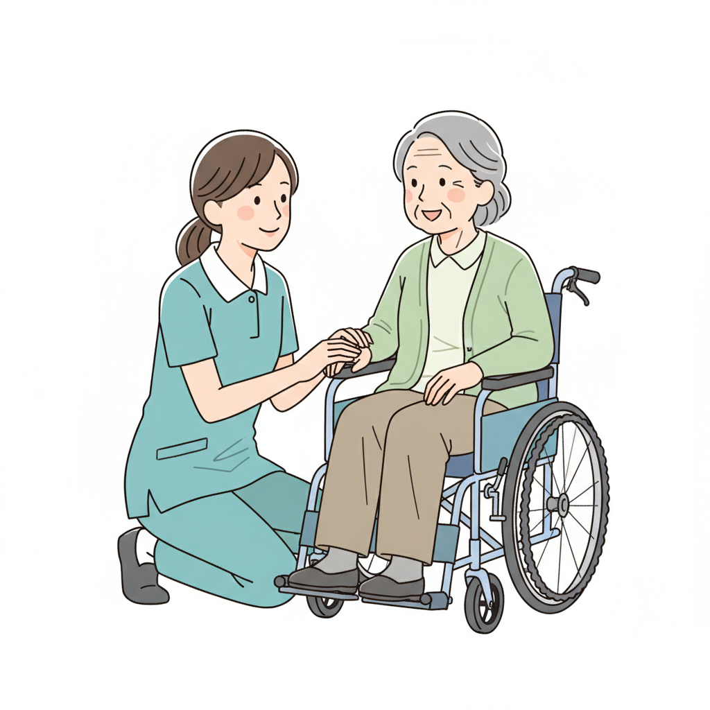 認知症の方と目線を合わせてコミュニケーションを取る介護職員のイメージイラスト