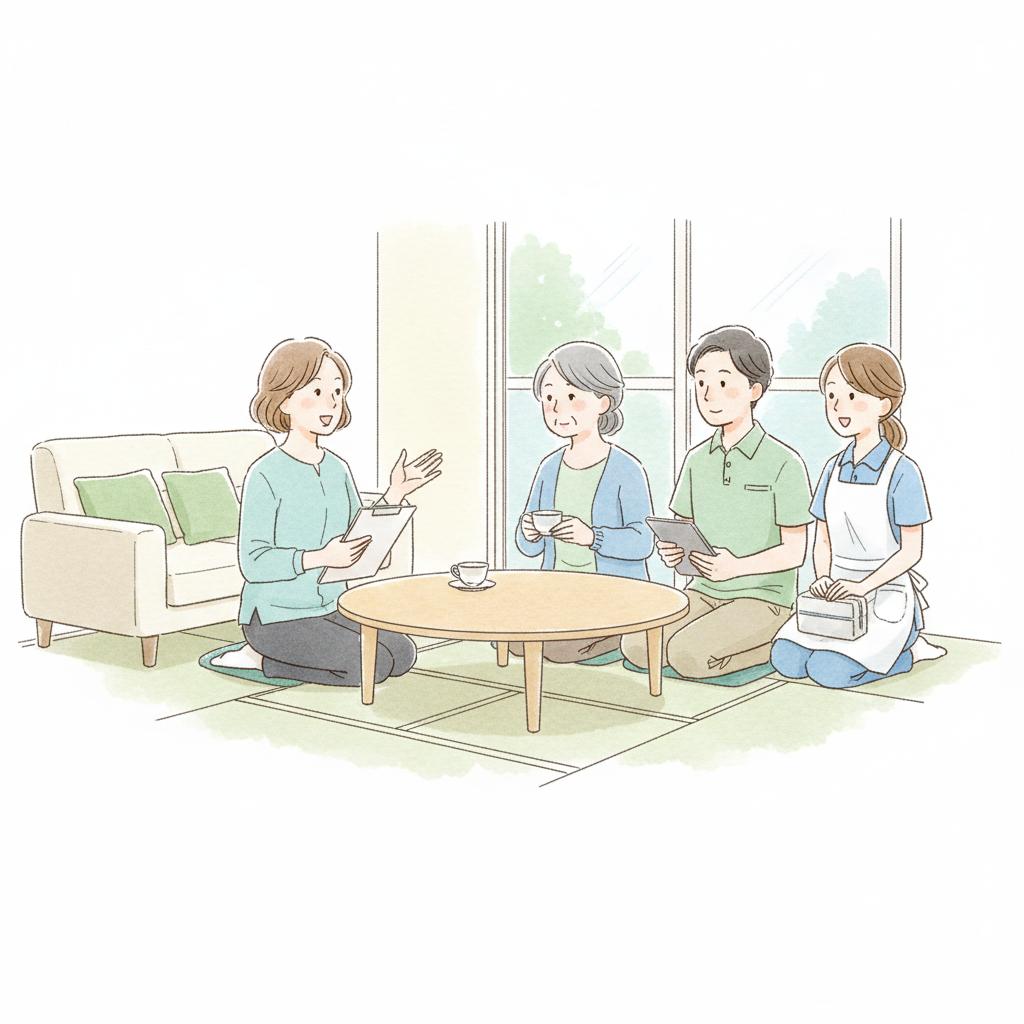 サービス担当者会議で利用者・家族・サ責・ケアマネが集まっている様子のイラスト
