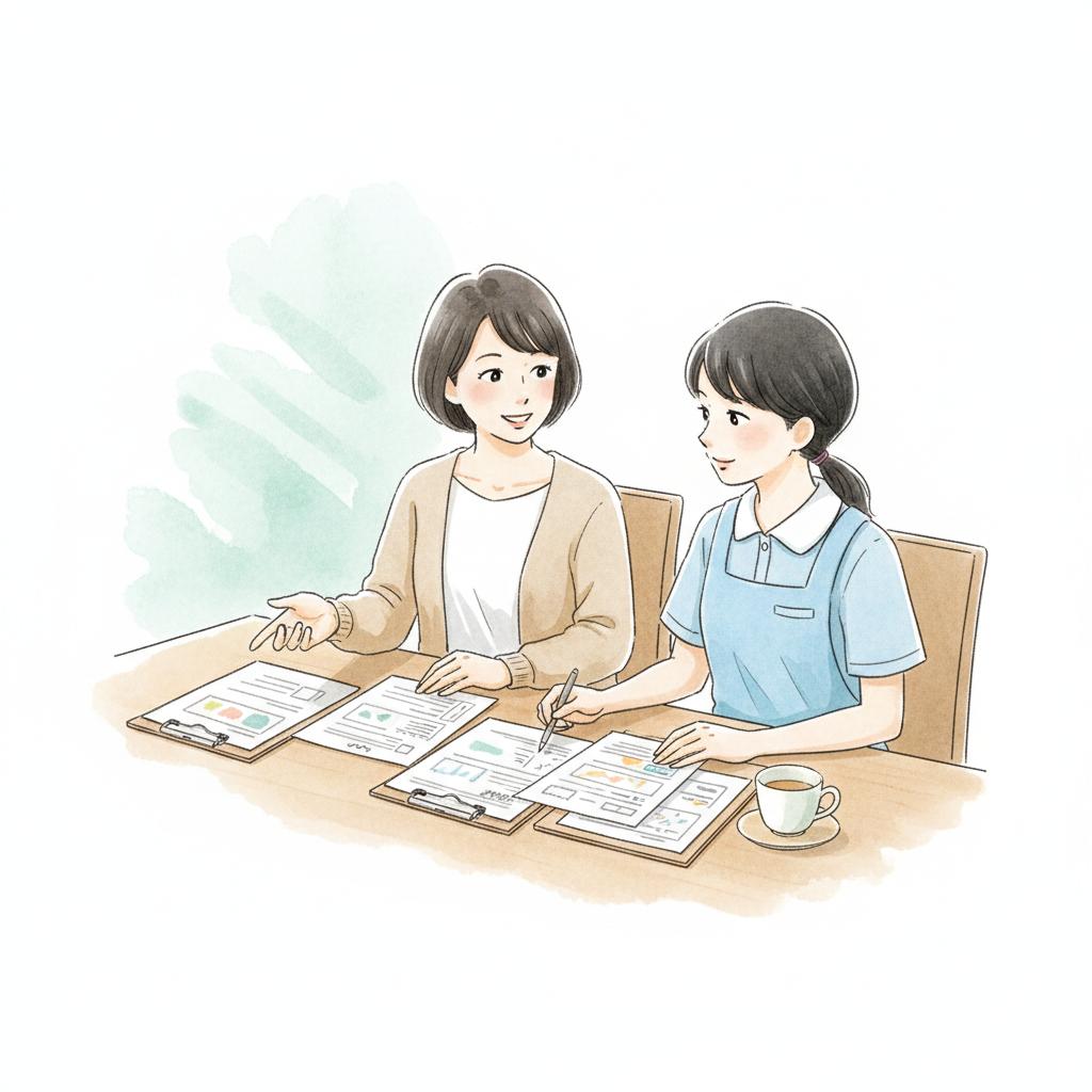 居宅ケアマネと訪問介護サ責が利用者宅でケアプランを確認している様子のイラスト