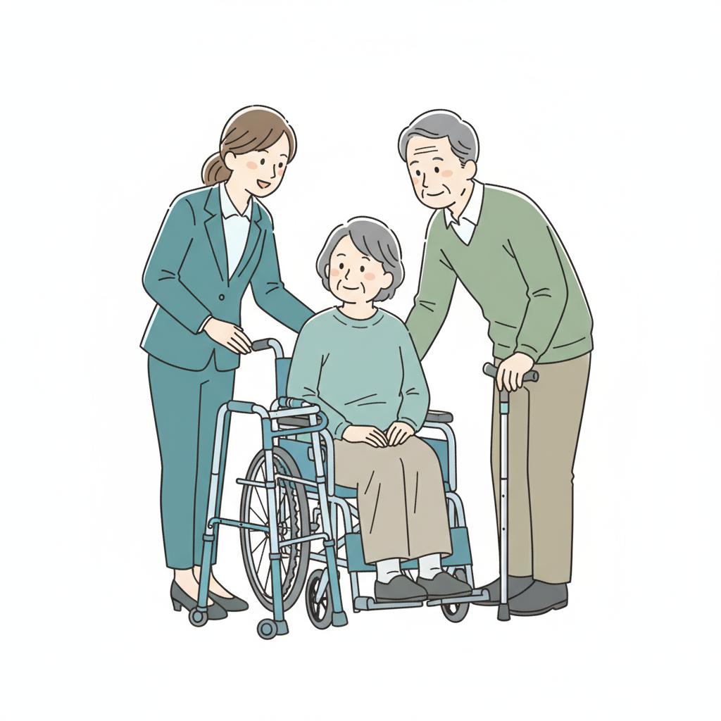 福祉用具専門相談員が高齢者に車いすを説明するイメージイラスト