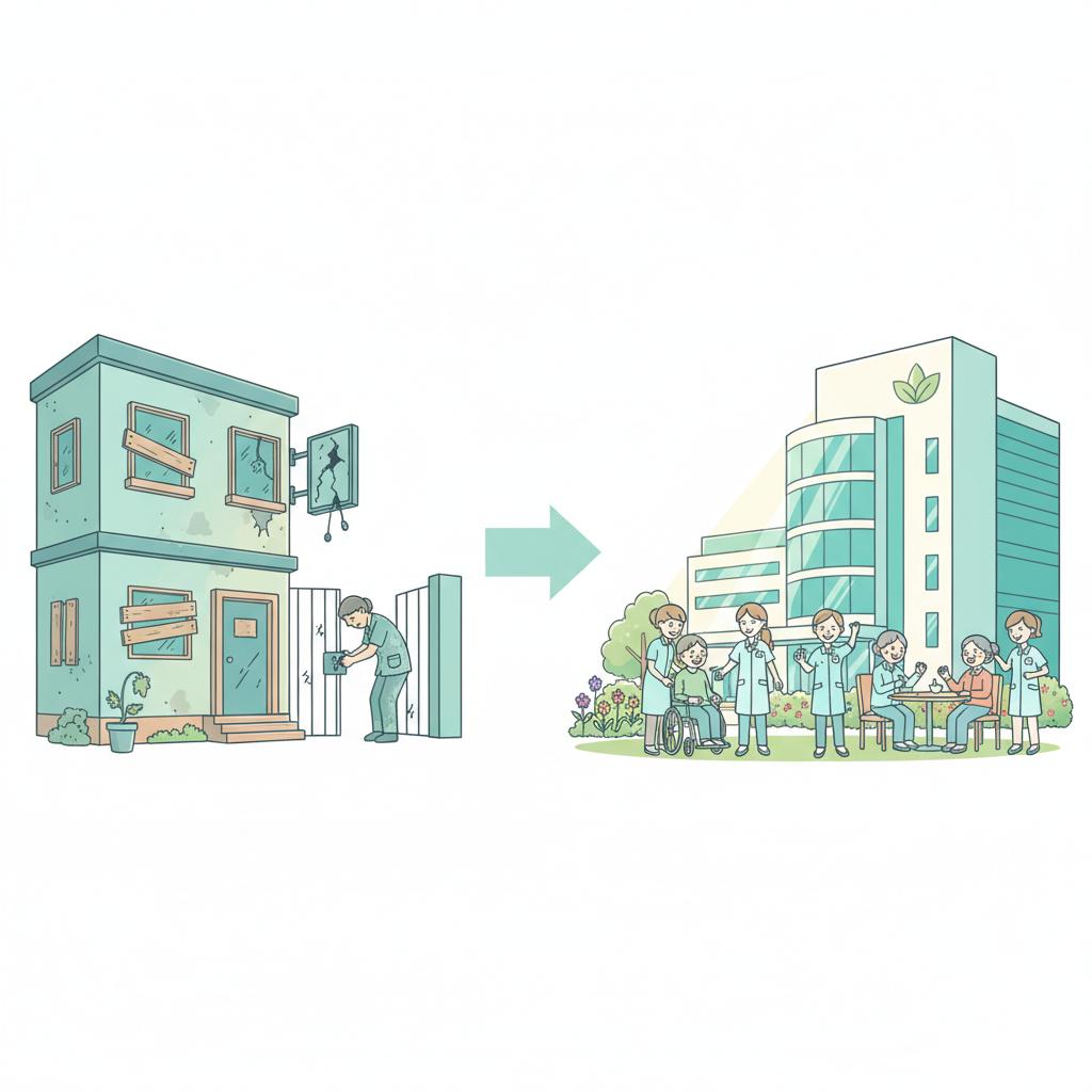 介護業界の淘汰と再編を表すイメージイラスト