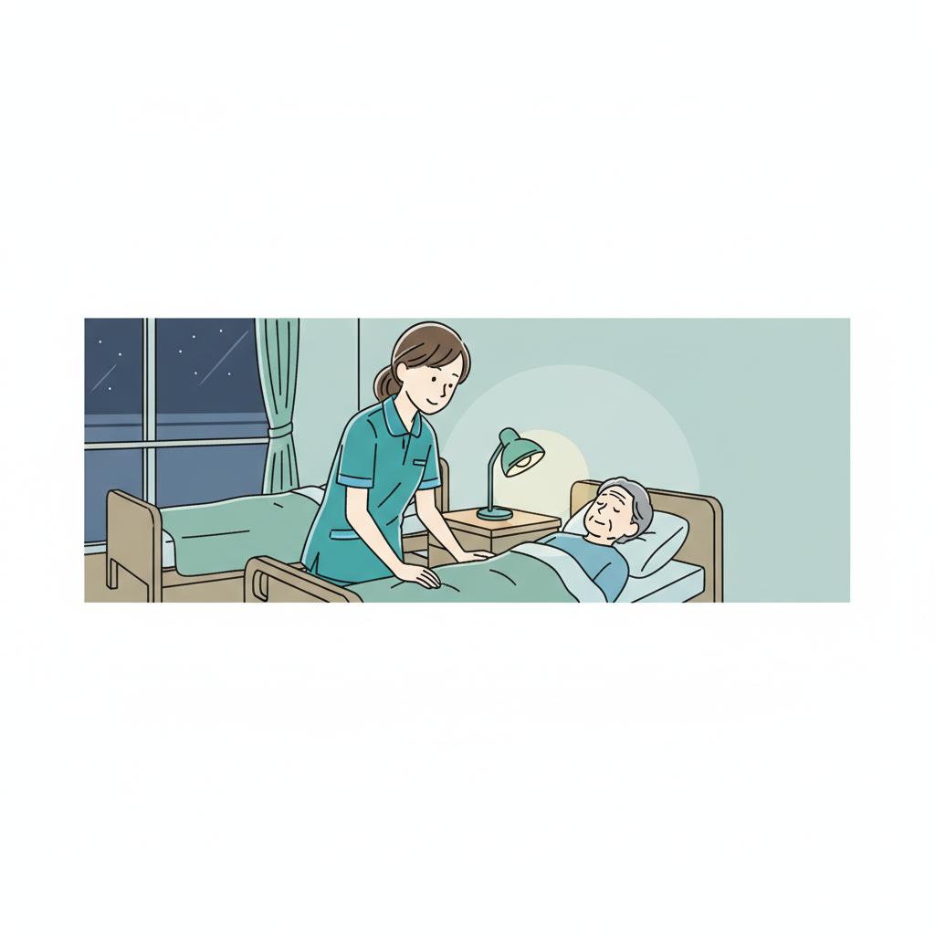 夜勤専従の介護職員が夜間に利用者を見守るイラスト
