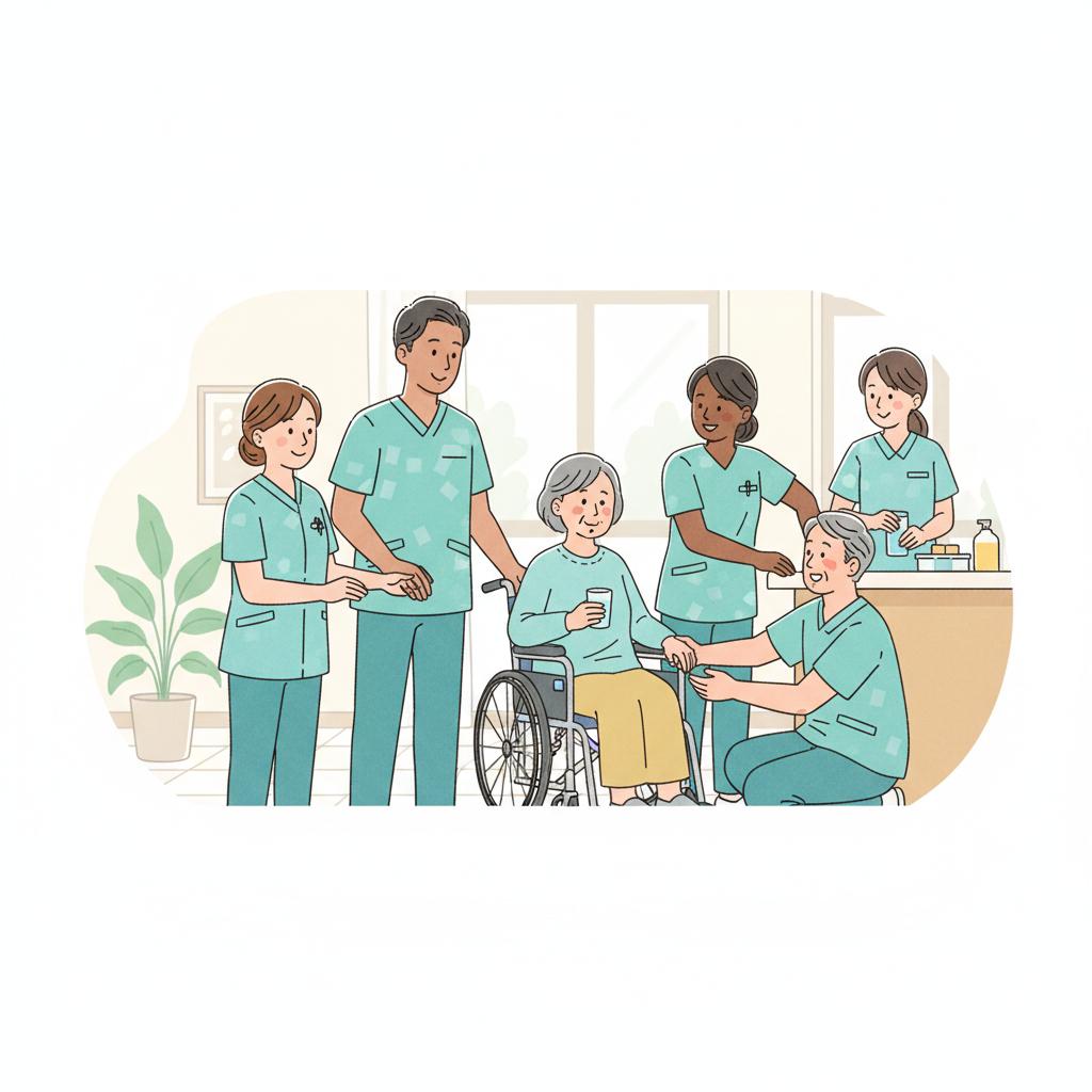 日本人と外国人の介護職員がチームで協働するイメージイラスト