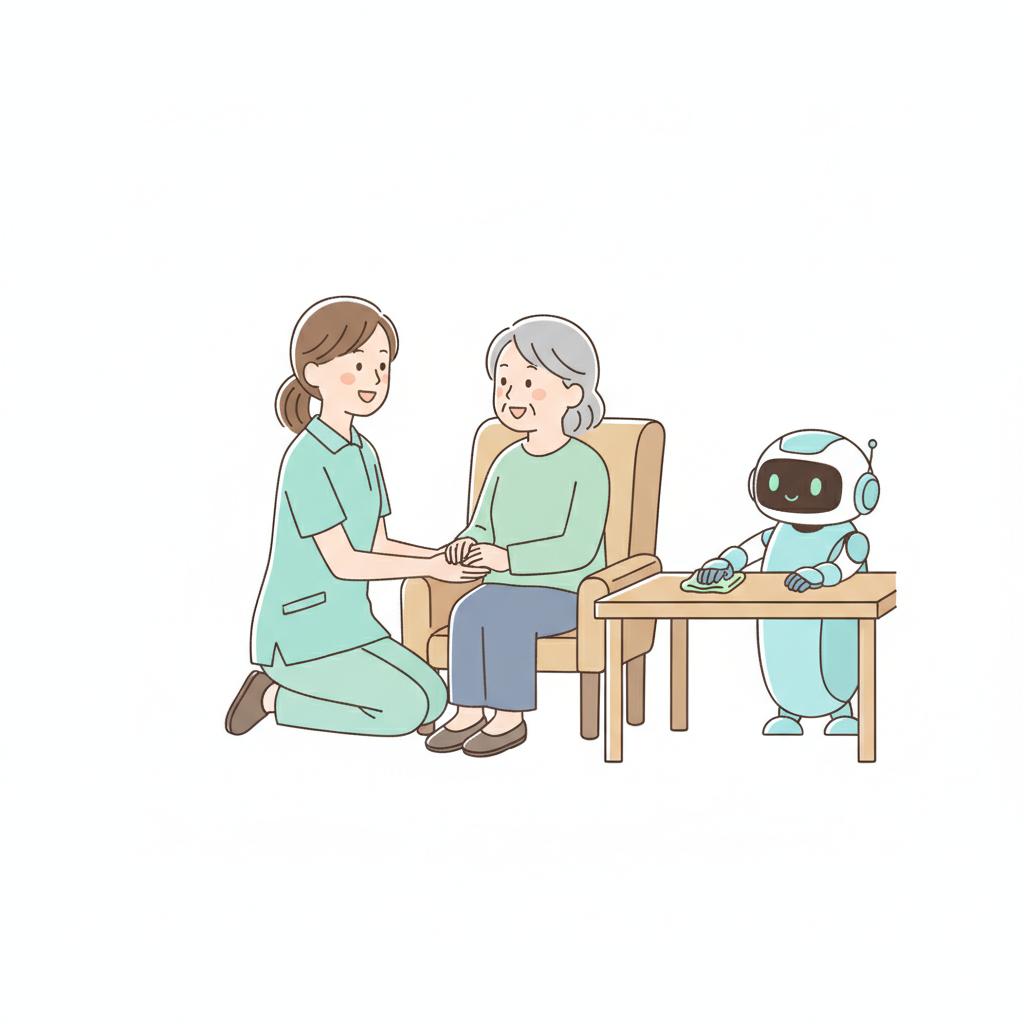 ロボットが周辺業務を担い、介護職員が利用者とのケアに集中するイメージイラスト