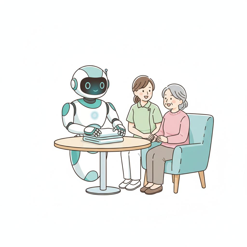 介護施設で洗濯物をたたむヒューマノイドロボットEnaのイメージイラスト
