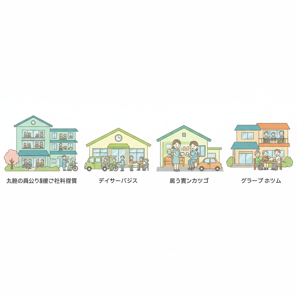 8タイプの介護施設を比較するイラスト