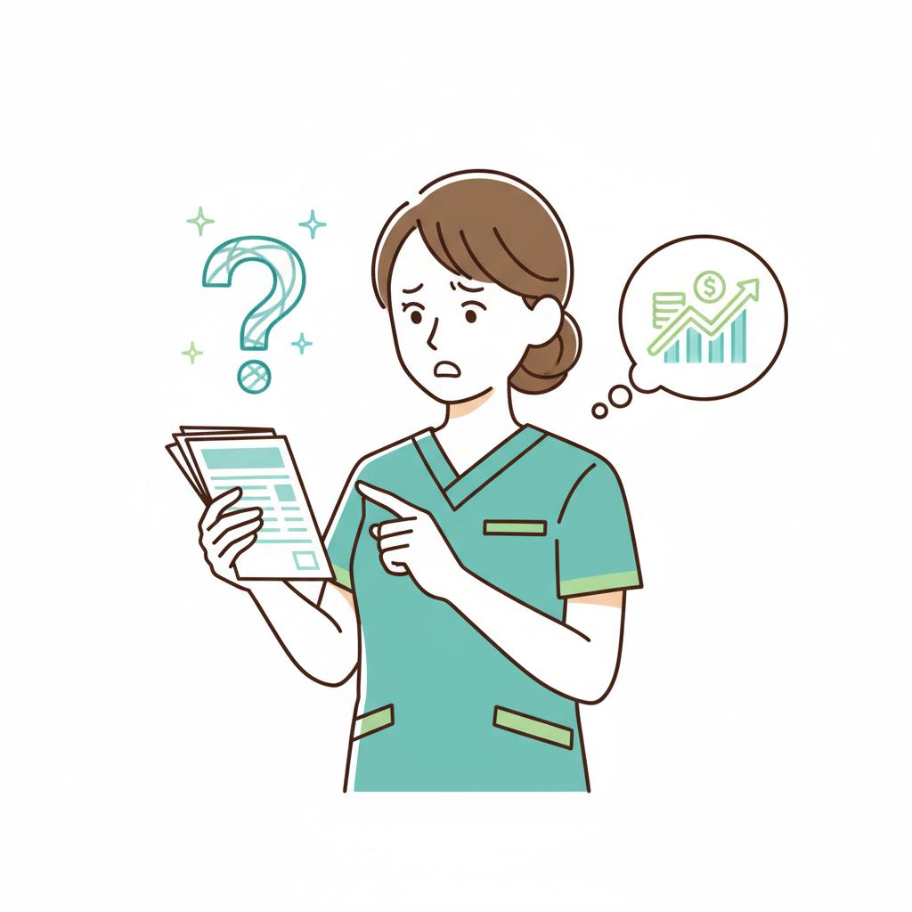 処遇改善加算について疑問を持つ介護職員のイラスト