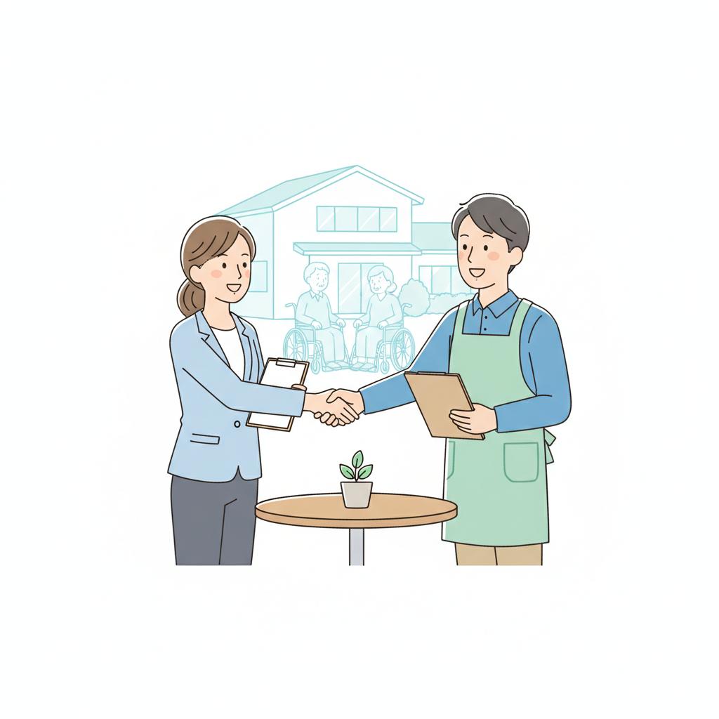 居宅ケアマネとデイ生活相談員が連携フローについて打ち合わせするイラスト