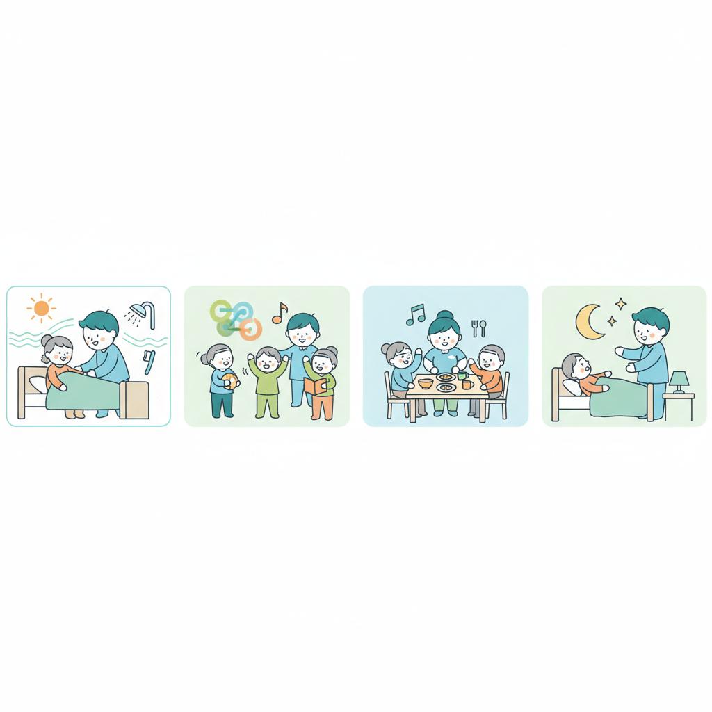 介護職正社員の1日の流れのイラスト