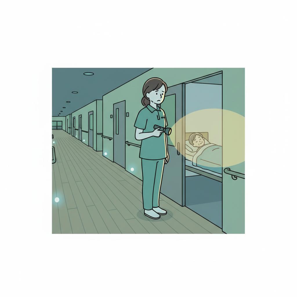 一人夜勤で巡回する介護職員のイメージイラスト
