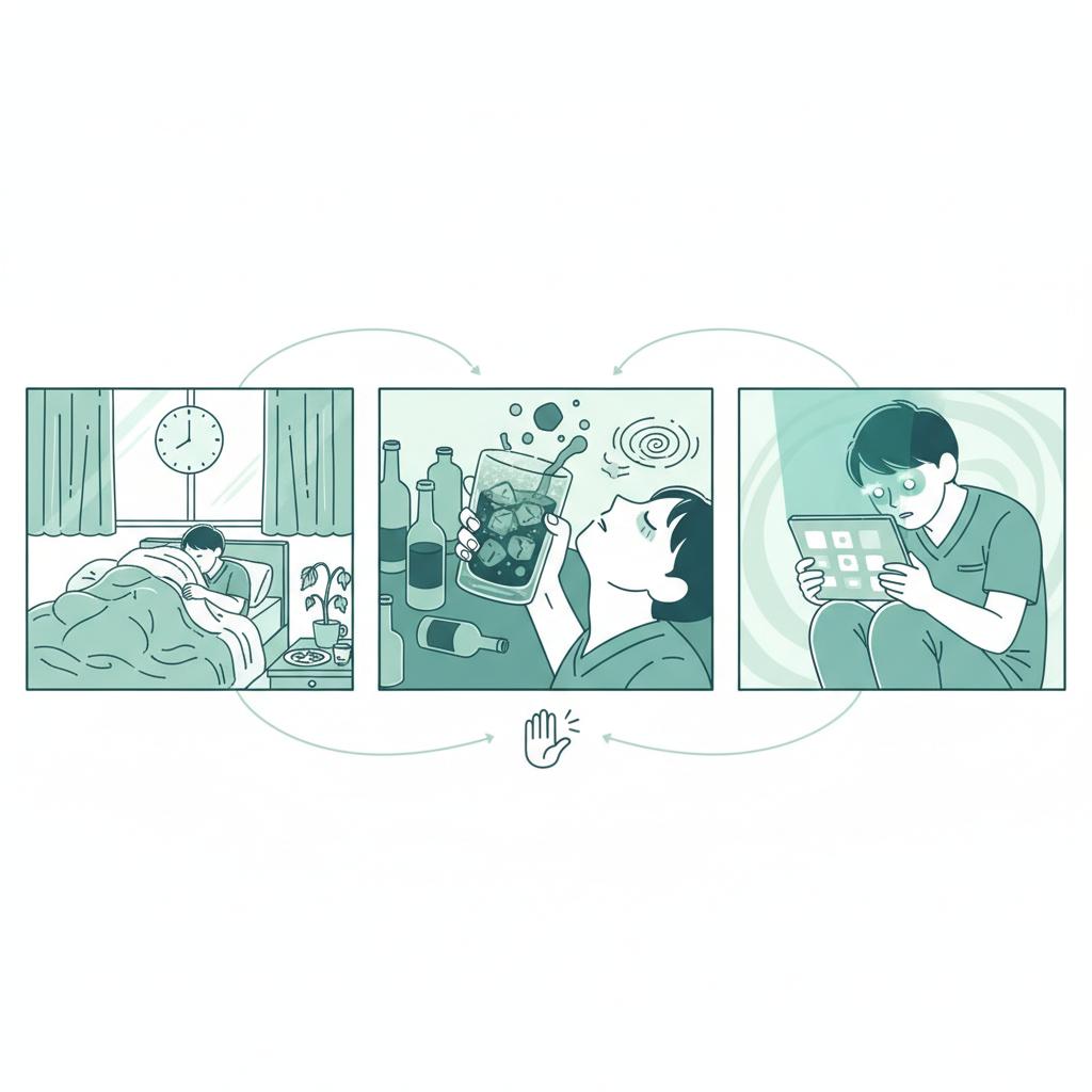 夜勤明けのNG行動のイラスト