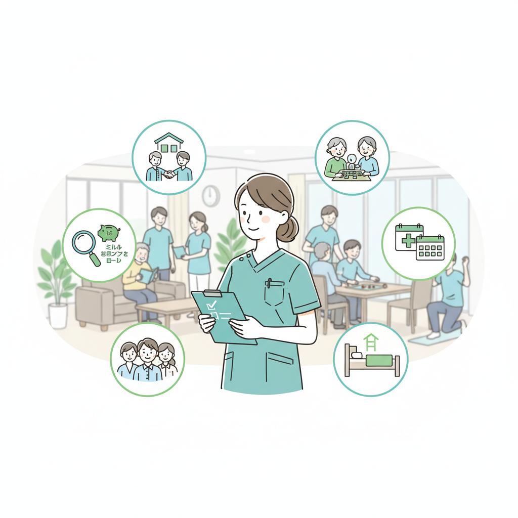 有料老人ホーム転職で確認すべき7つのポイントを表したイラスト