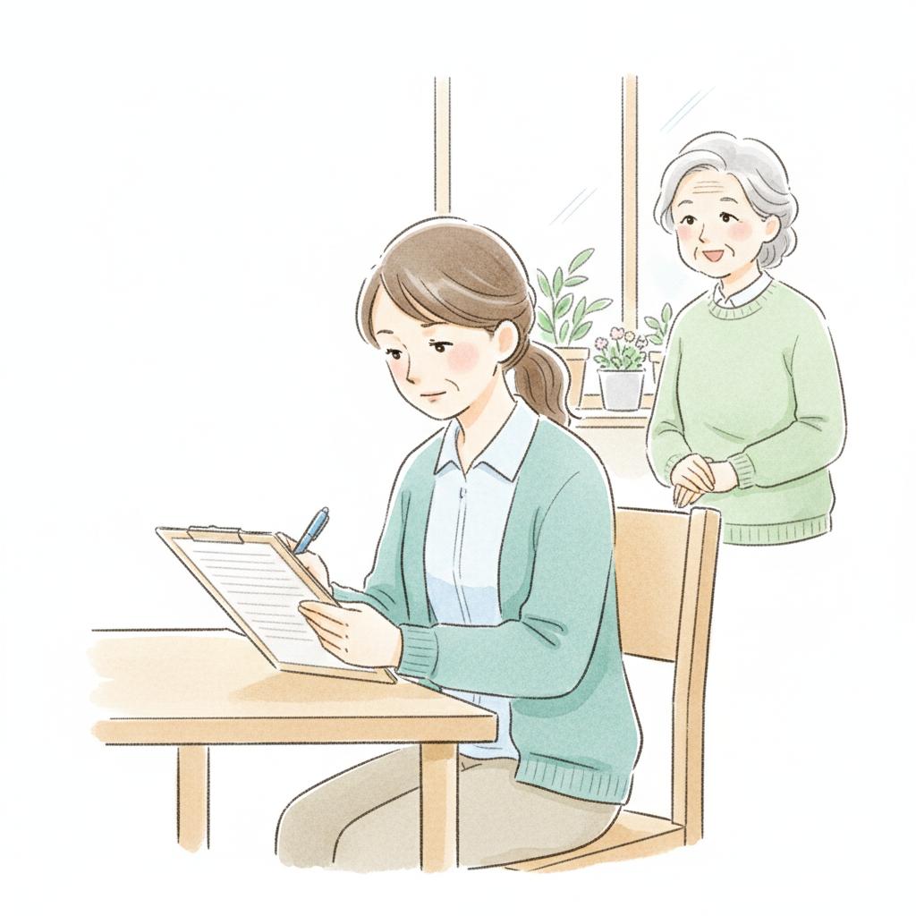 グループホームでケアプランを作成する計画作成担当者と入居者のイラスト