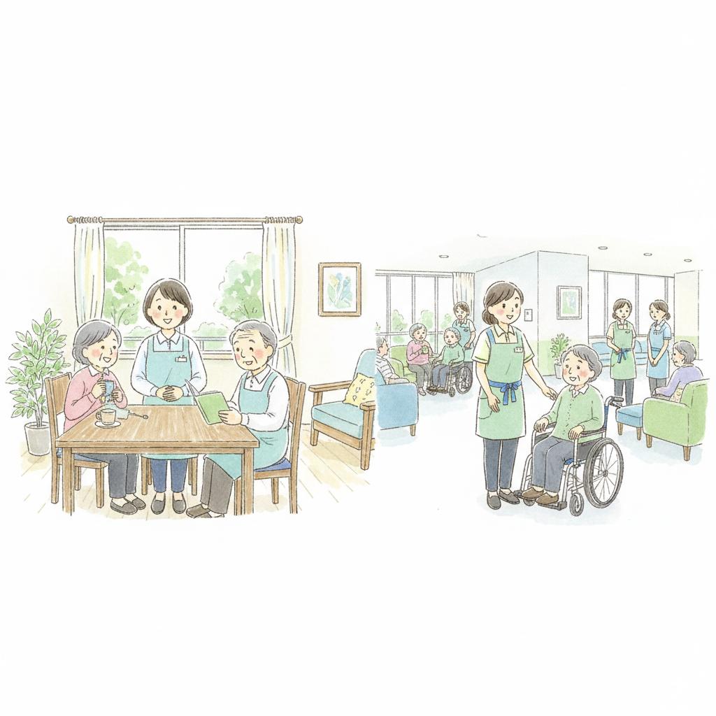 グループホームケアマネとユニット型特養ケアマネの働き方比較イラスト